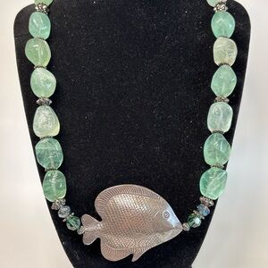 Silver Tone Fish Pendant Necklace Green Stone Beads Artisan 20”